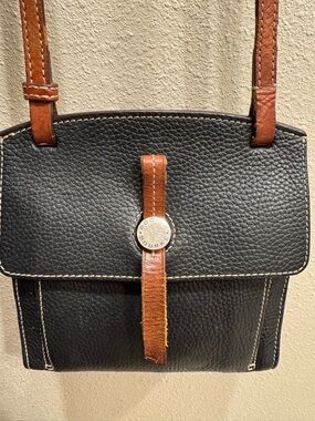 Dooney & Bourke Black Pebbled Leather Crossbody with Brown Trim Strap